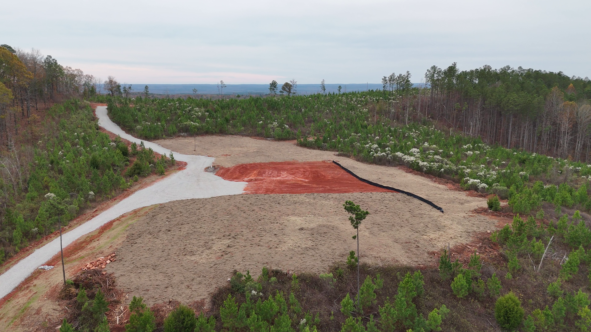 An aerial view of a dirt road going through a forest.