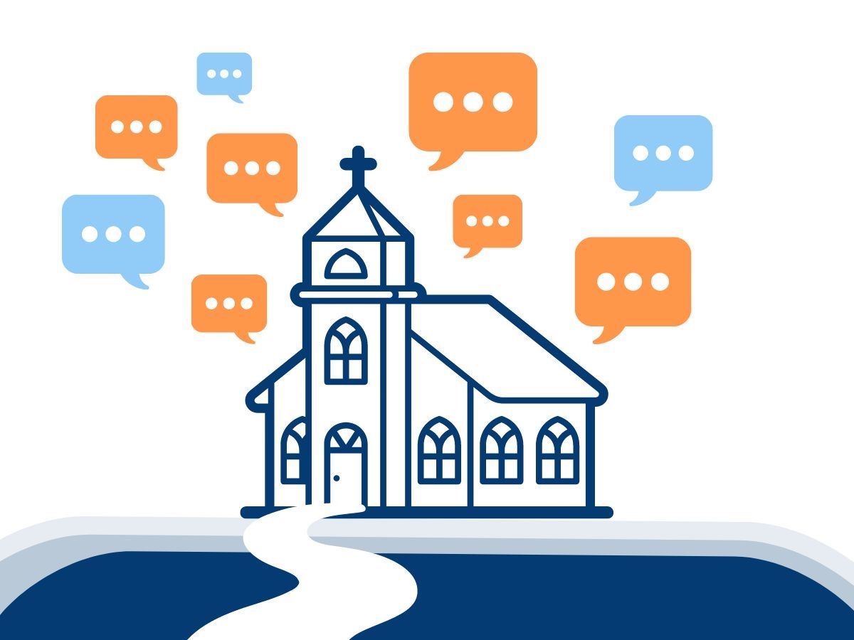 An illustration of a church with speech bubbles around it