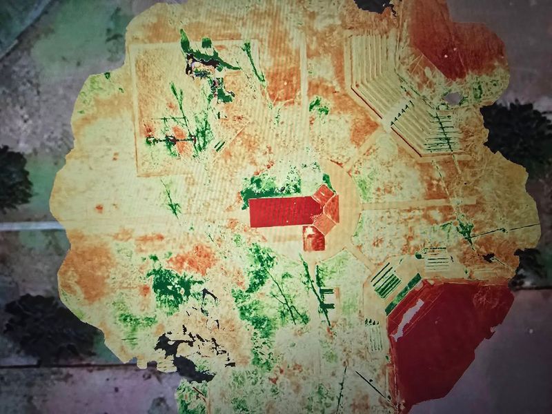 Aerial view of a large tan flower-shaped field with green patches and red geometric sections