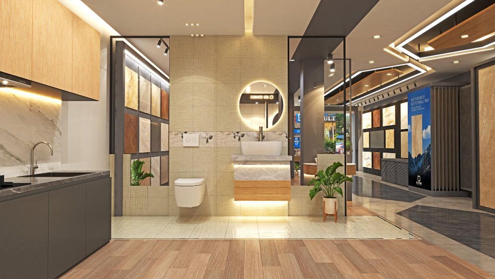 Modern bathroom interior with wood accents, marble walls, round mirror, and glass shower partition
