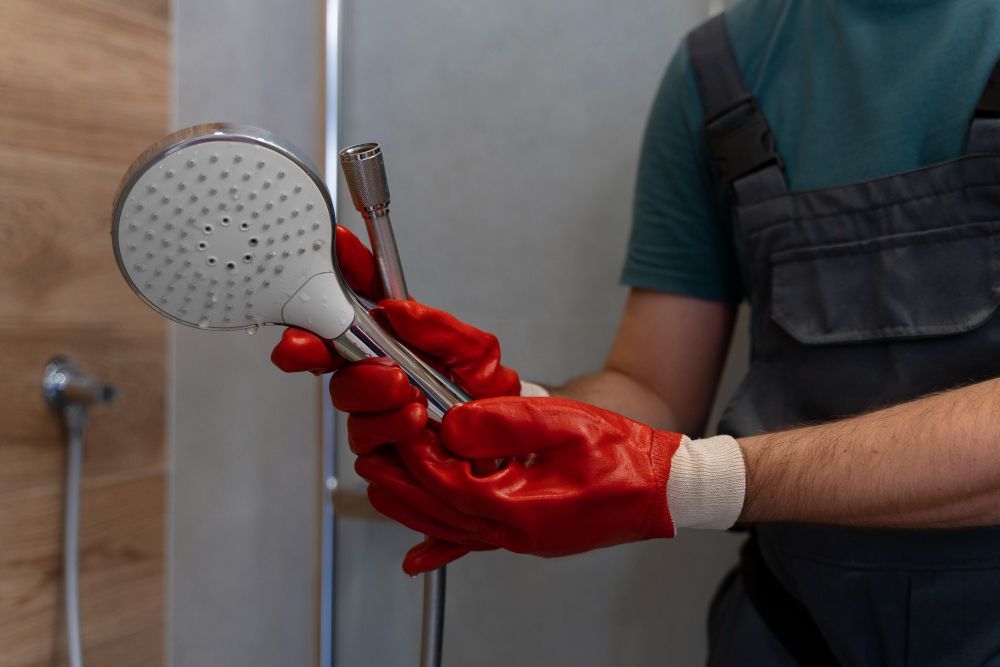 Person in red gloves holding a showerhead in a bathroom while wearing overalls