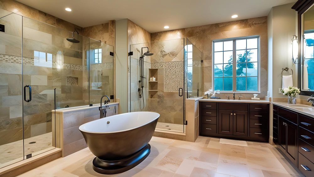 Spacious beige bathroom with a freestanding tub, glass shower, dark vanity, and large window.