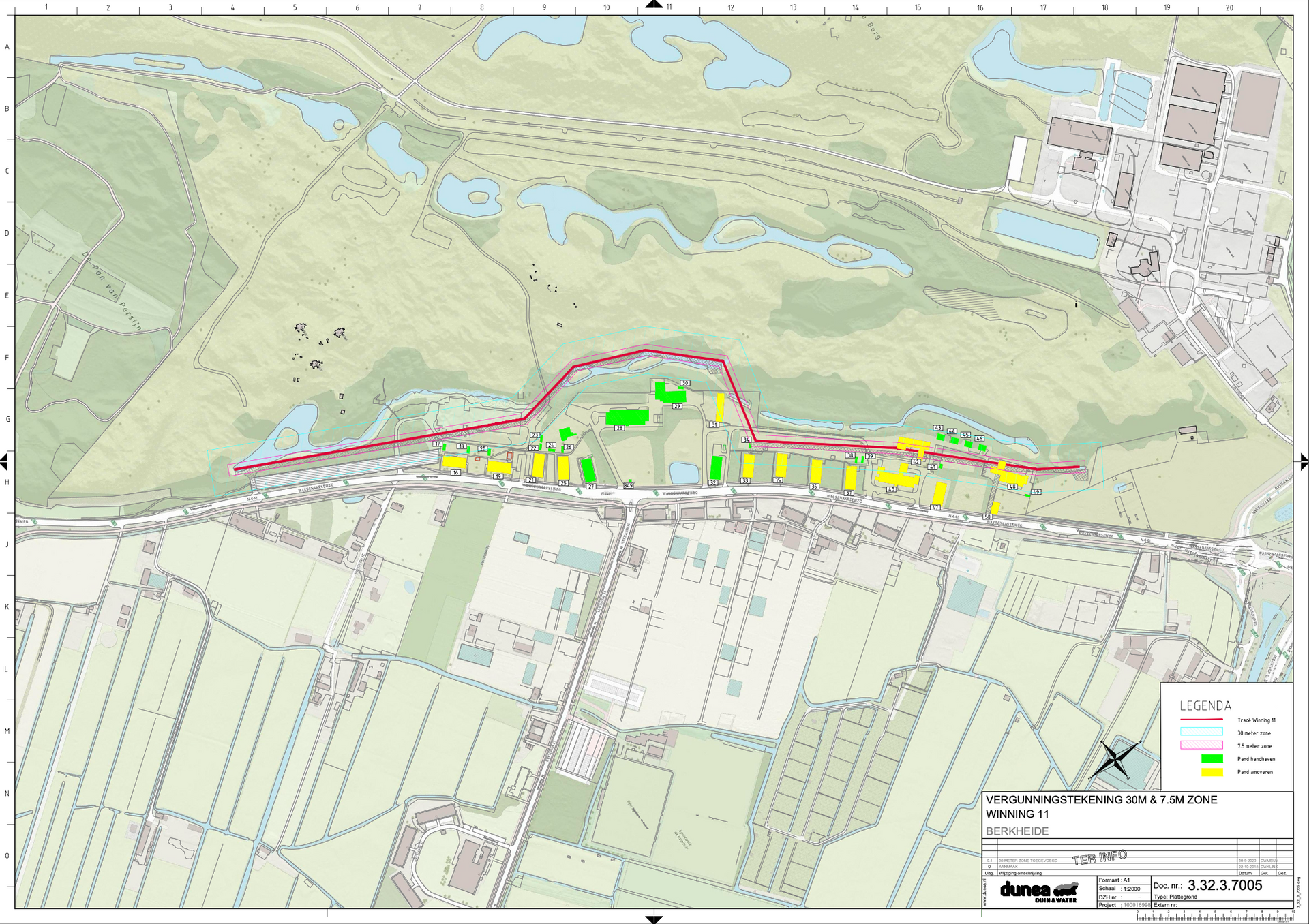 Plattegrond van een stad met gekleurde lagen. Gebouwen zijn groen, geel en grijs. Een rode lijn geeft een pad door het gebied weer.