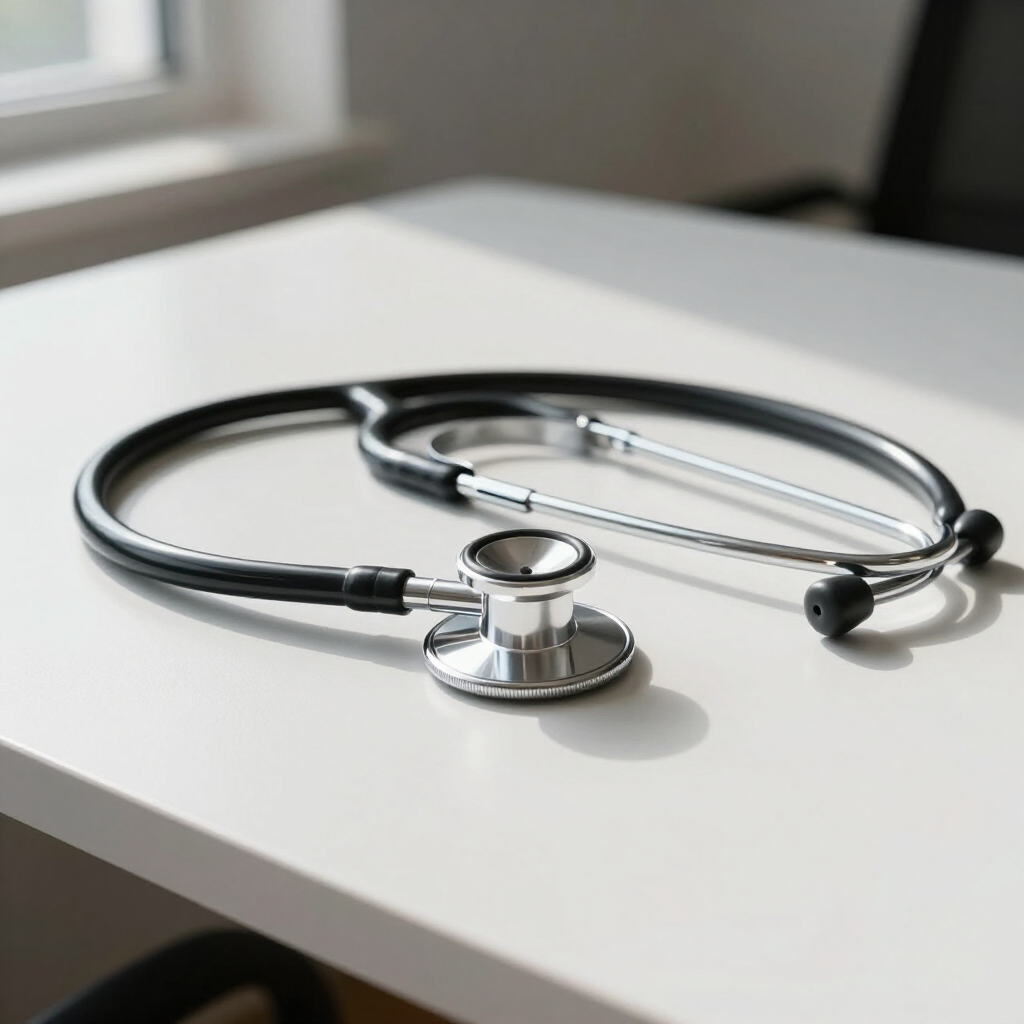 Estetoscopio sobre escritorio: concepto de salud y prevención