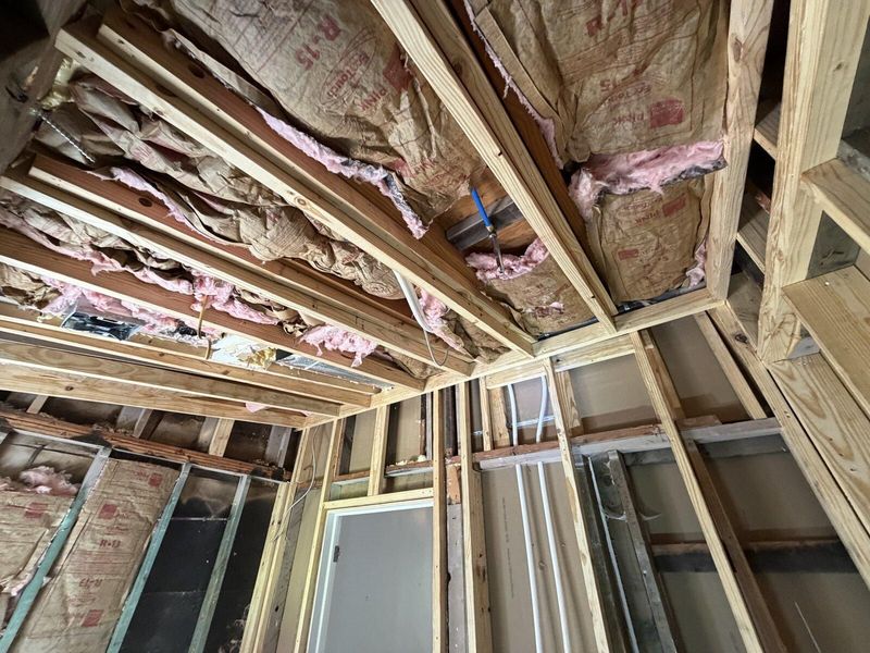 Ceiling framing and insulation exposed during a whole home renovation in Austin