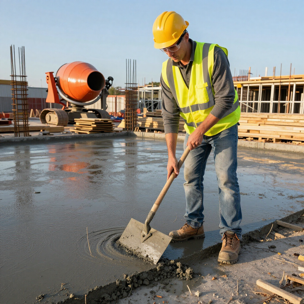 Worker in safety gear smoothing freshly poured concrete with a long finishing tool during concrete services in Casas Adobes, AZ
