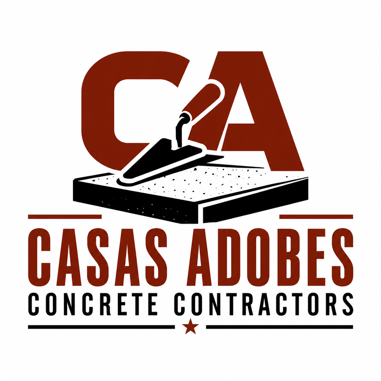 Casas Adobes Concrete Contractors logo with dark brown and black lettering, concrete slab design, and trowel icon.