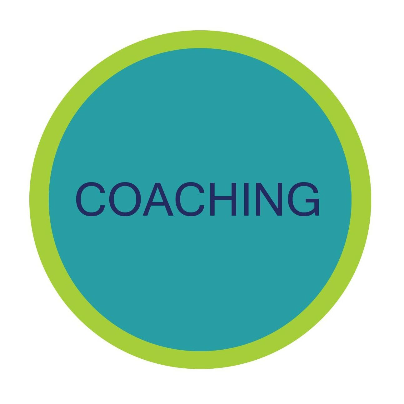 Turquoise circle with green border and the word “COACHING” in dark blue text