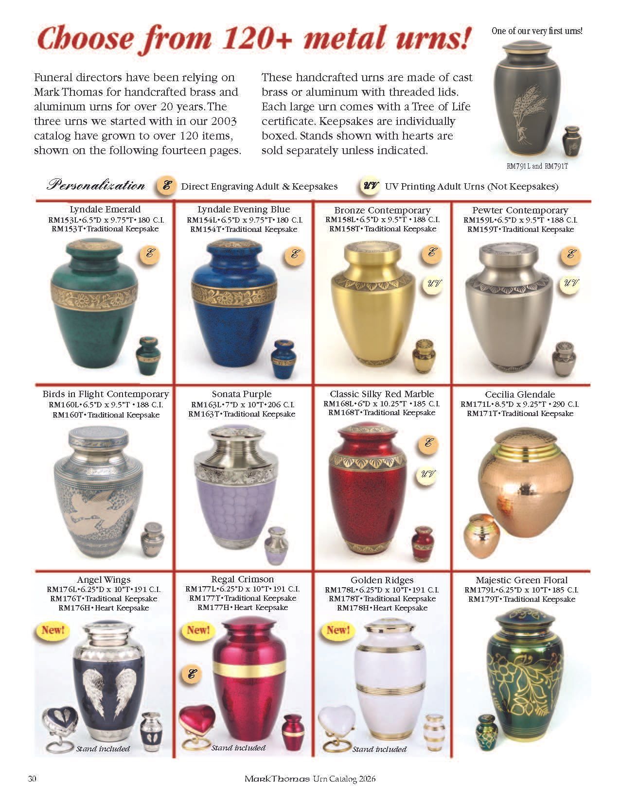 Collage of decorative urns in various colors, arranged in a grid with labels and small matching cups.