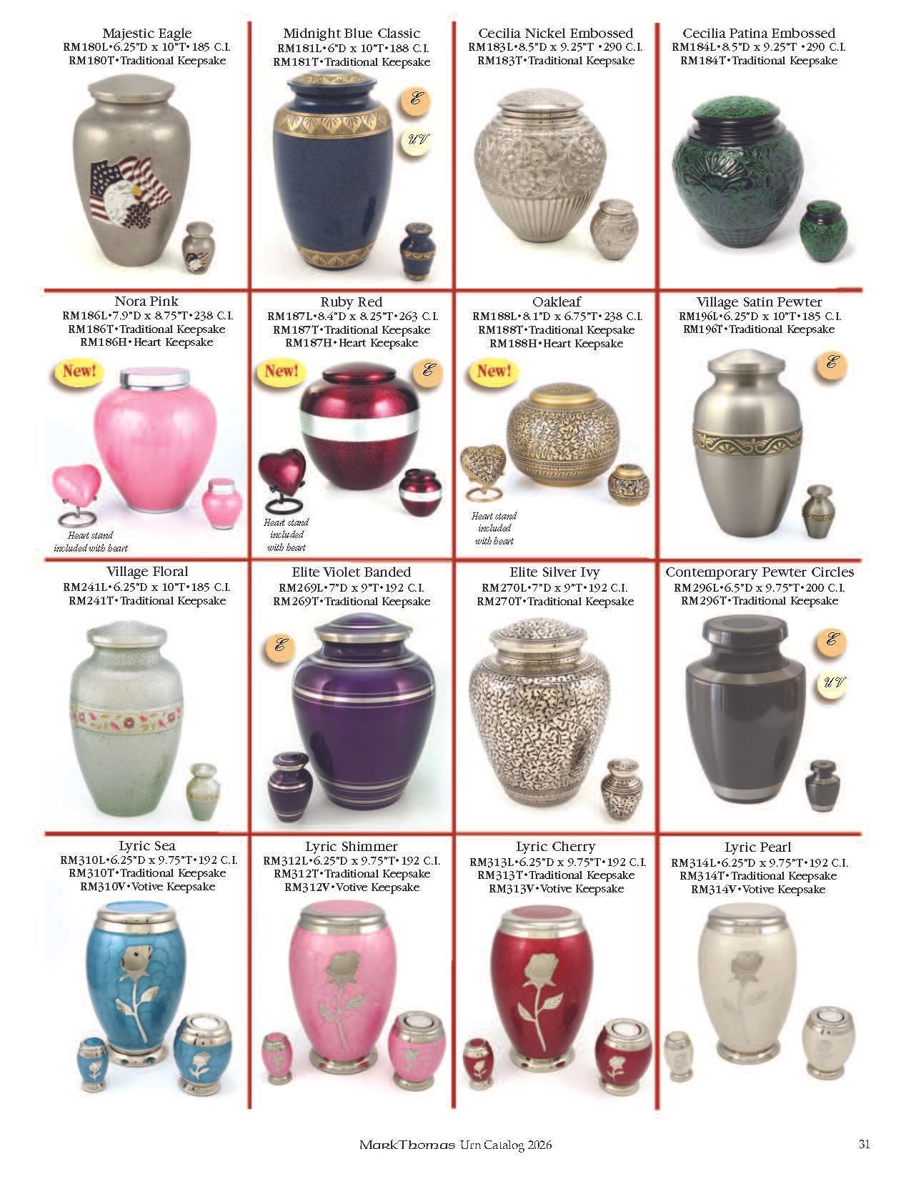 Collage of decorative urns in various colors, arranged in a grid with labels and small matching cups.