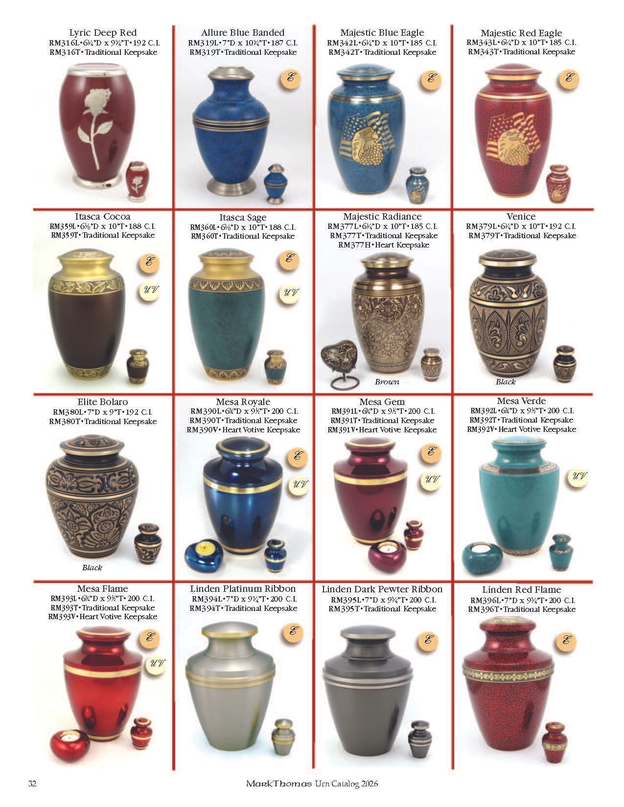 Collage of decorative urns in various colors, arranged in a grid with labels and small matching cups.