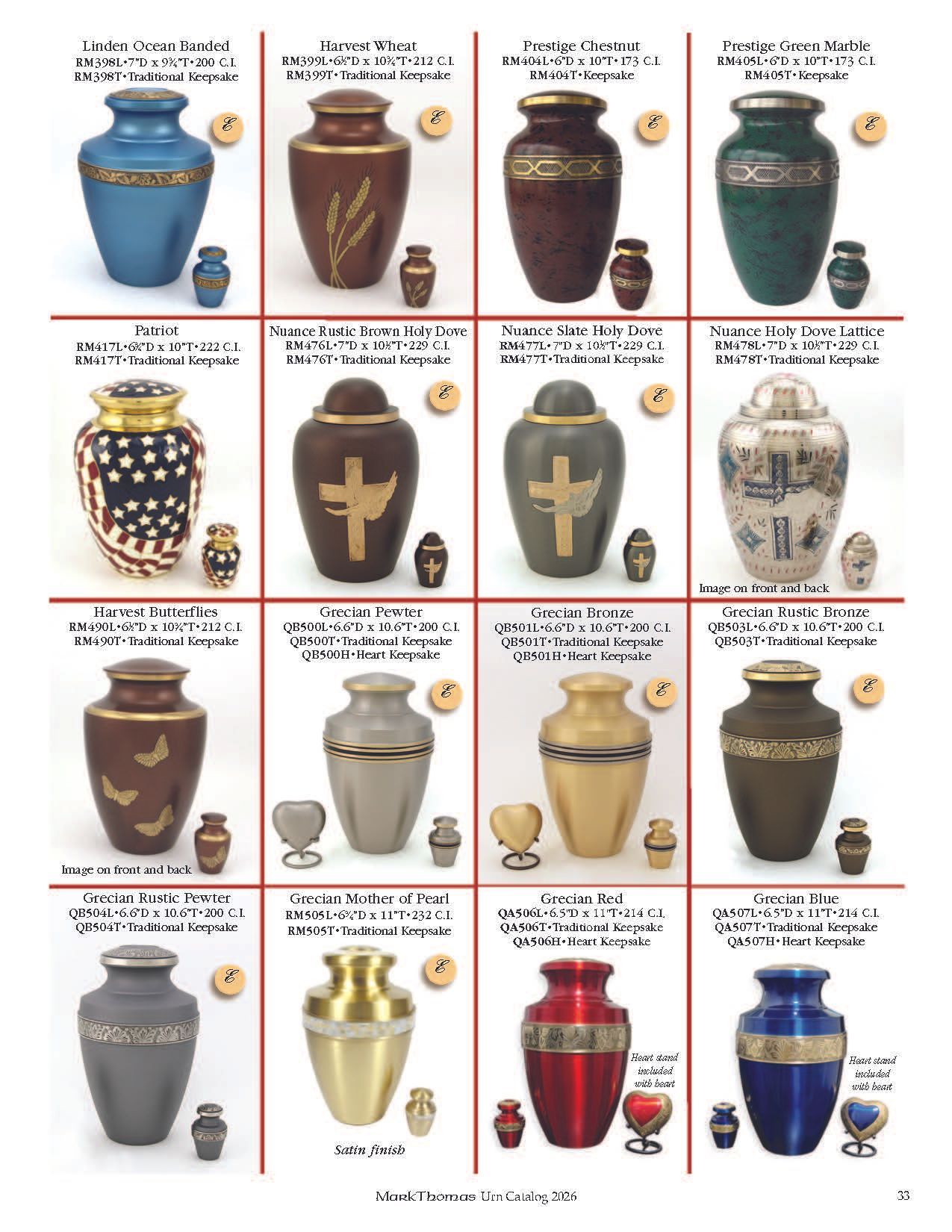 Collage of decorative urns in various colors, arranged in a grid with labels and small matching cups.