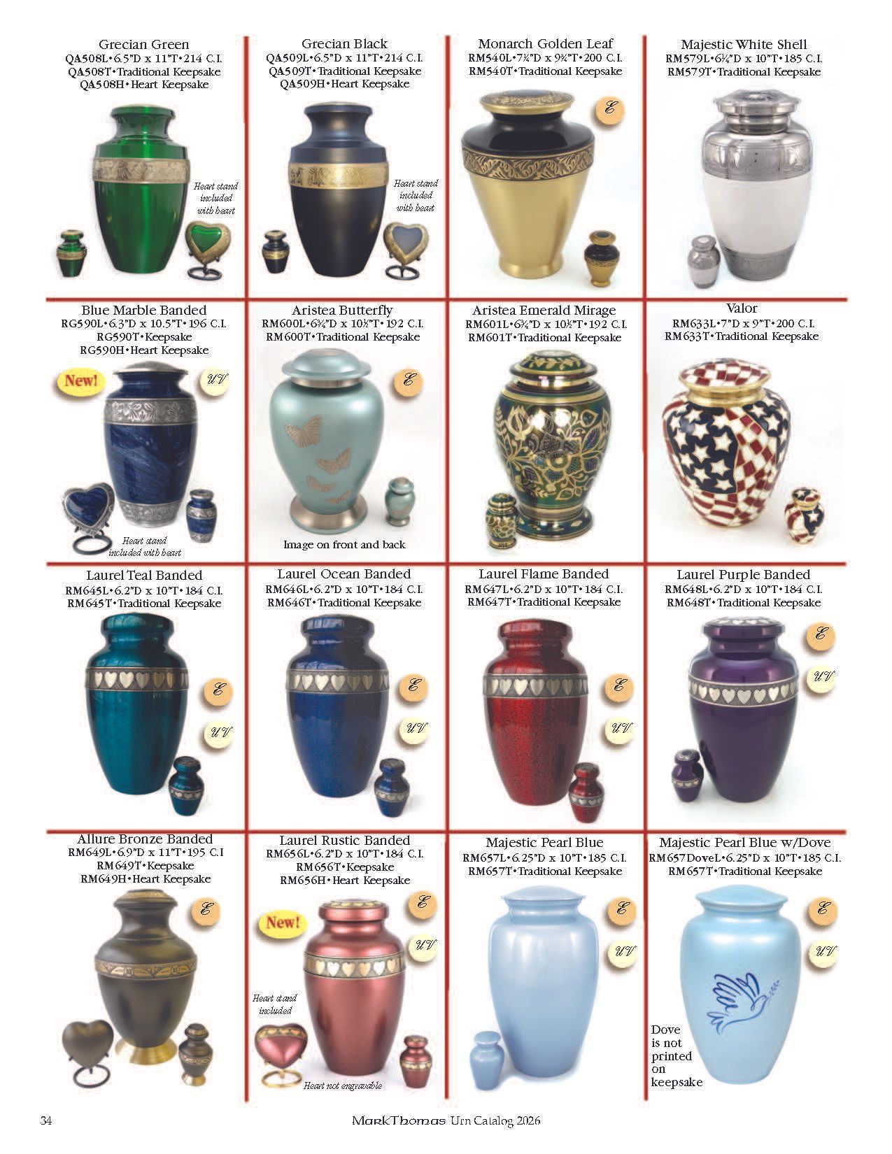 Collage of decorative urns in various colors, arranged in a grid with labels and small matching cups.