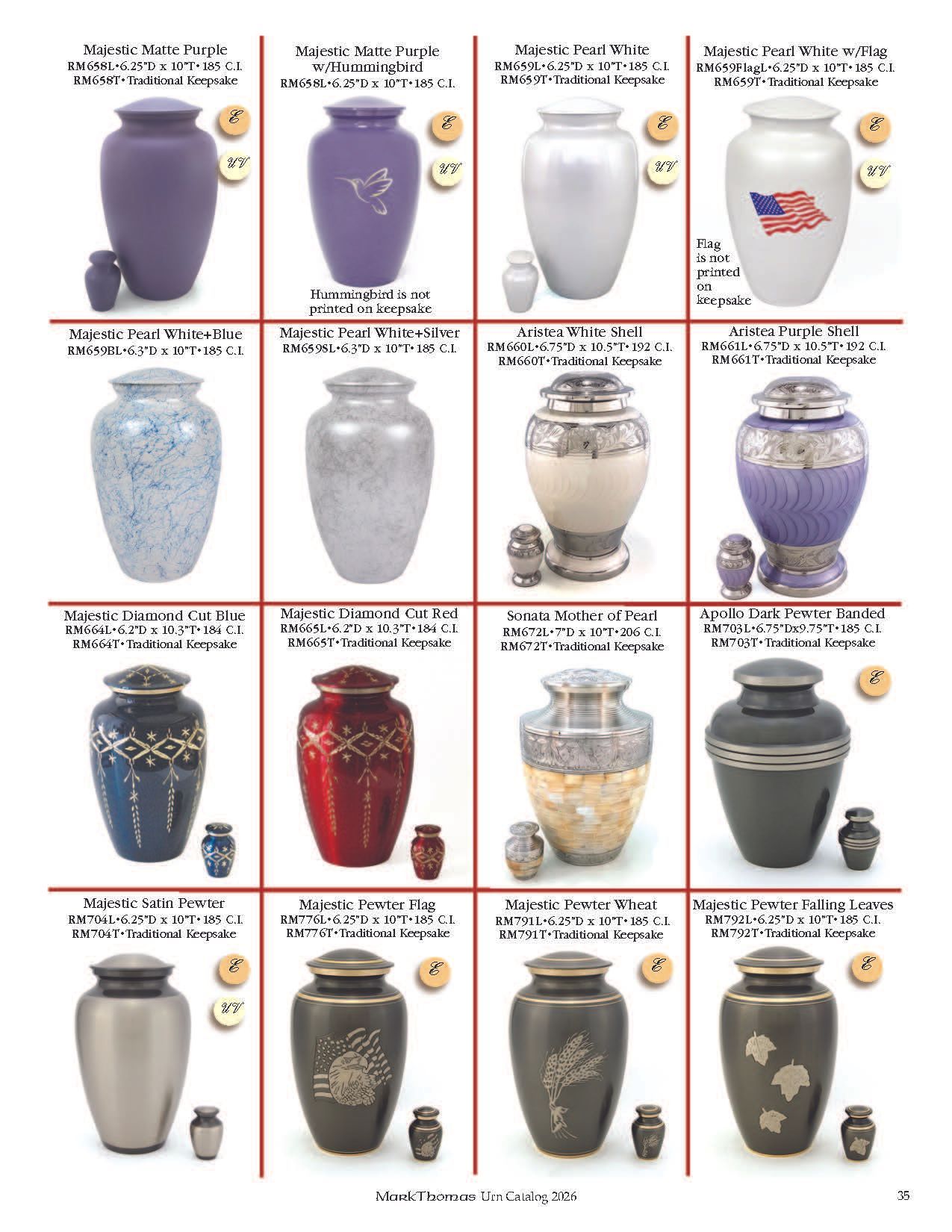 Collage of decorative urns in various colors, arranged in a grid with labels and small matching cups.