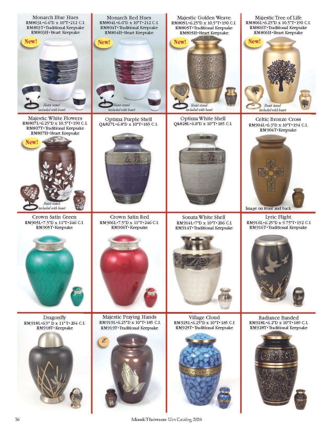 Collage of decorative urns in various colors, arranged in a grid with labels and small matching cups.