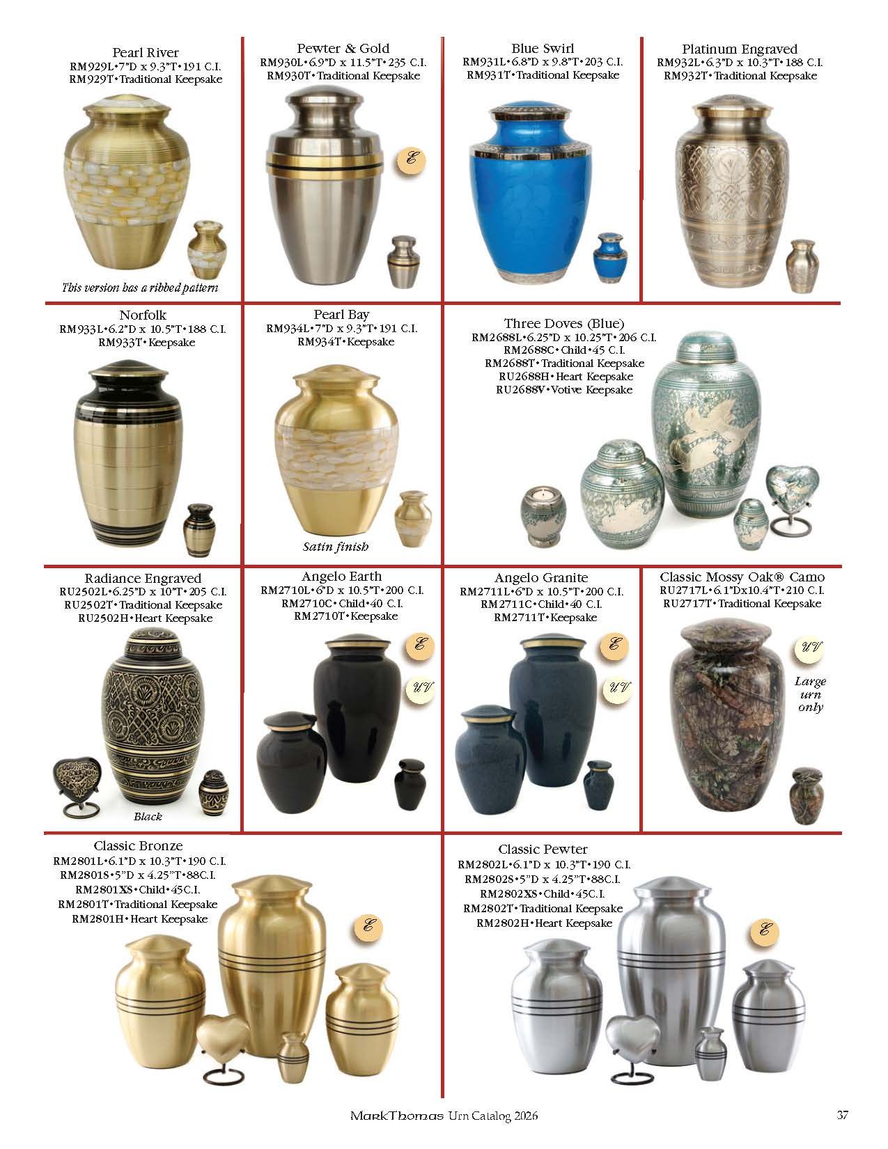 Collage of decorative urns in various colors, arranged in a grid with labels and small matching cups.
