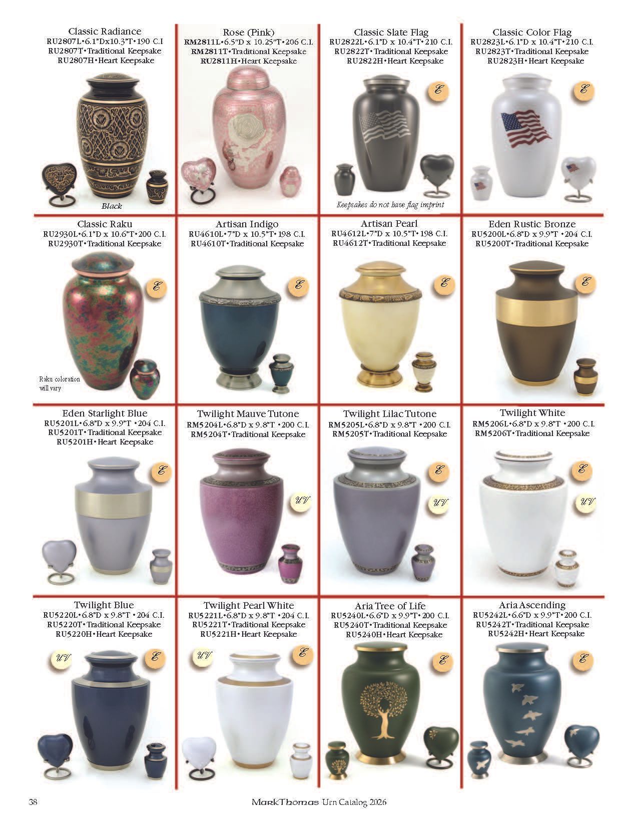 Collage of decorative urns in various colors, arranged in a grid with labels and small matching cups.