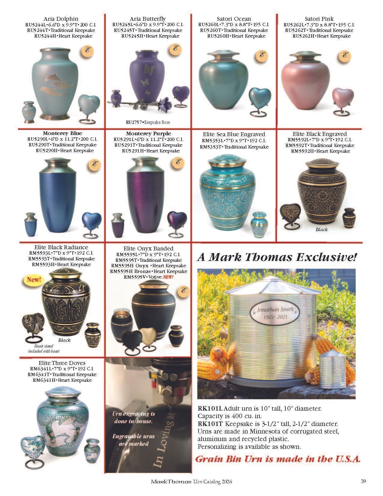 Collage of decorative urns in various colors, arranged in a grid with labels and small matching cups.