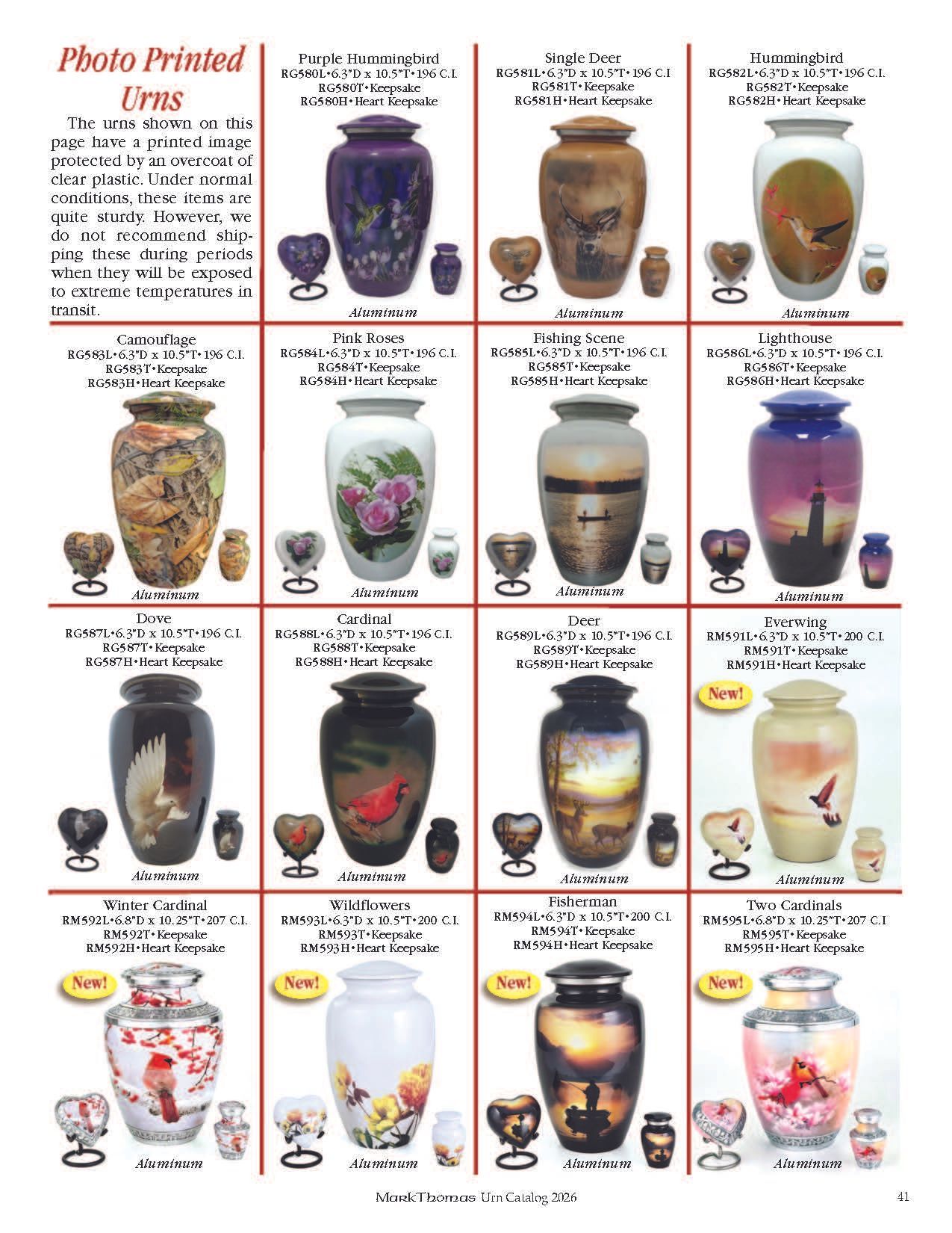 Collage of decorative urns in various colors, arranged in a grid with labels and small matching cups.