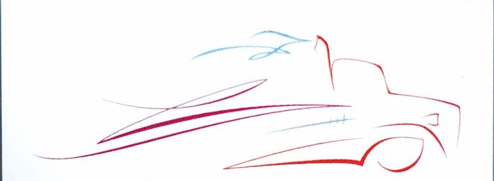 A red , white and blue drawing of a car on a white background.