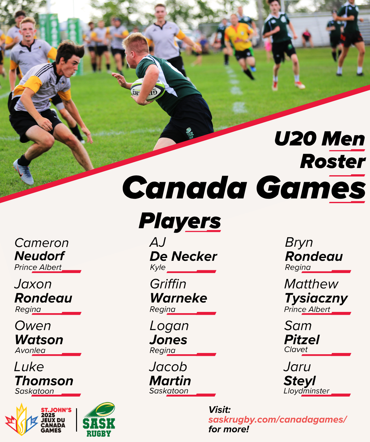 U20 Men's Canada Games roster: Rugby players in action, and a list of players' names and locations.