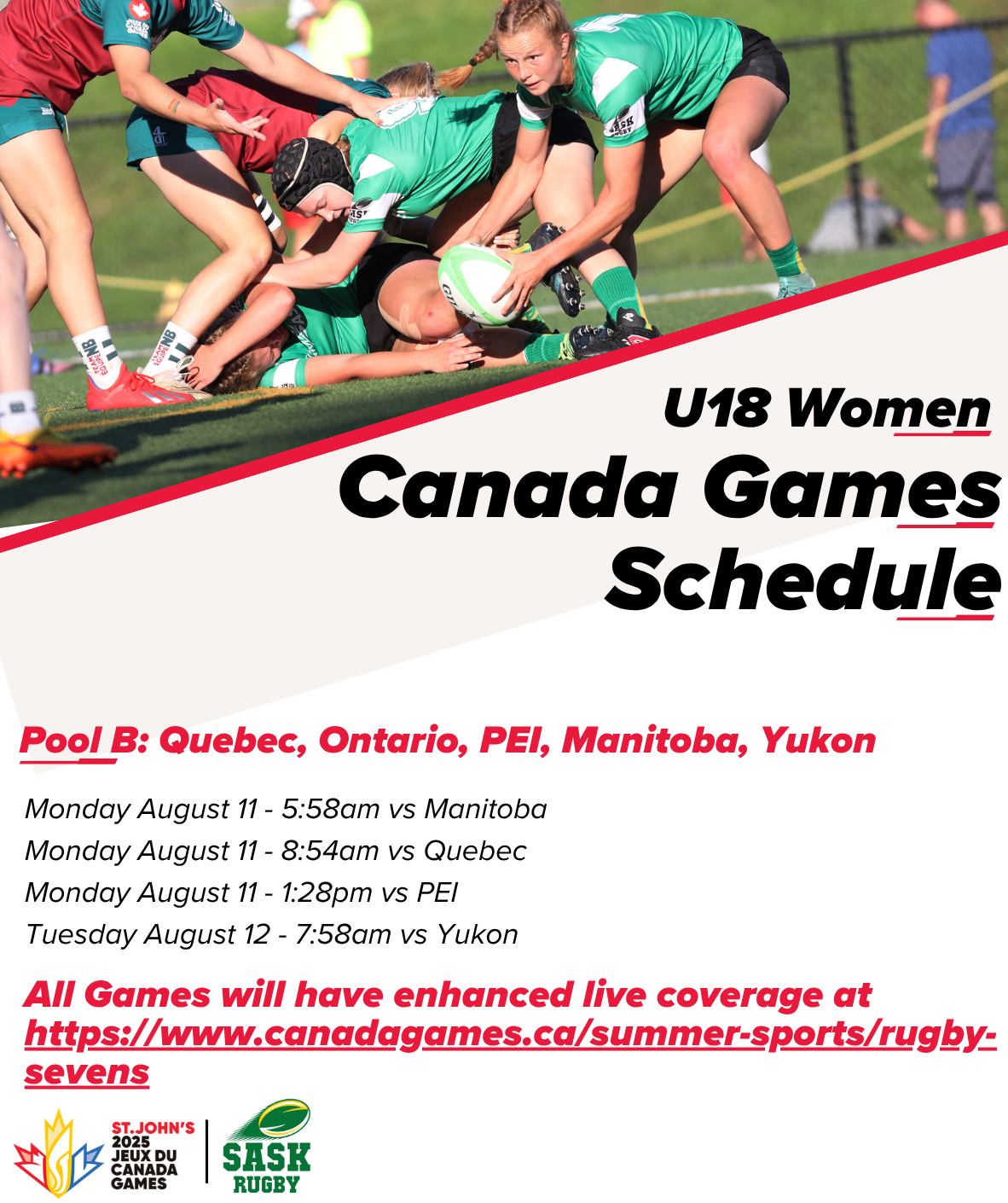 Rugby players in a scrum on a field, next to a schedule for the U18 Women’s Canada Games rugby sevens tournament.