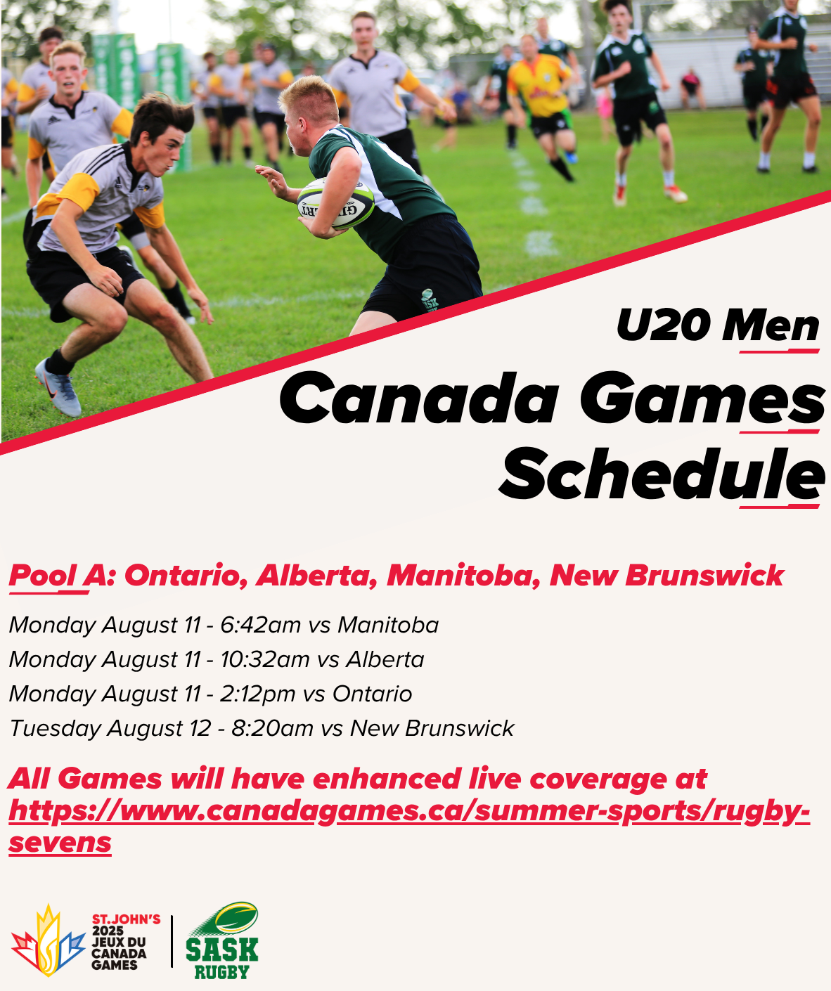 U20 Men's Canada Games rugby schedule, listing match times for Pool A teams and a link for live coverage.