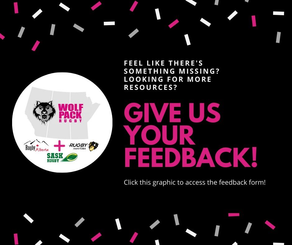 A black graphic with white confetti, asking for feedback with a link to a form, featuring the Wolf Pack Rugby logo.