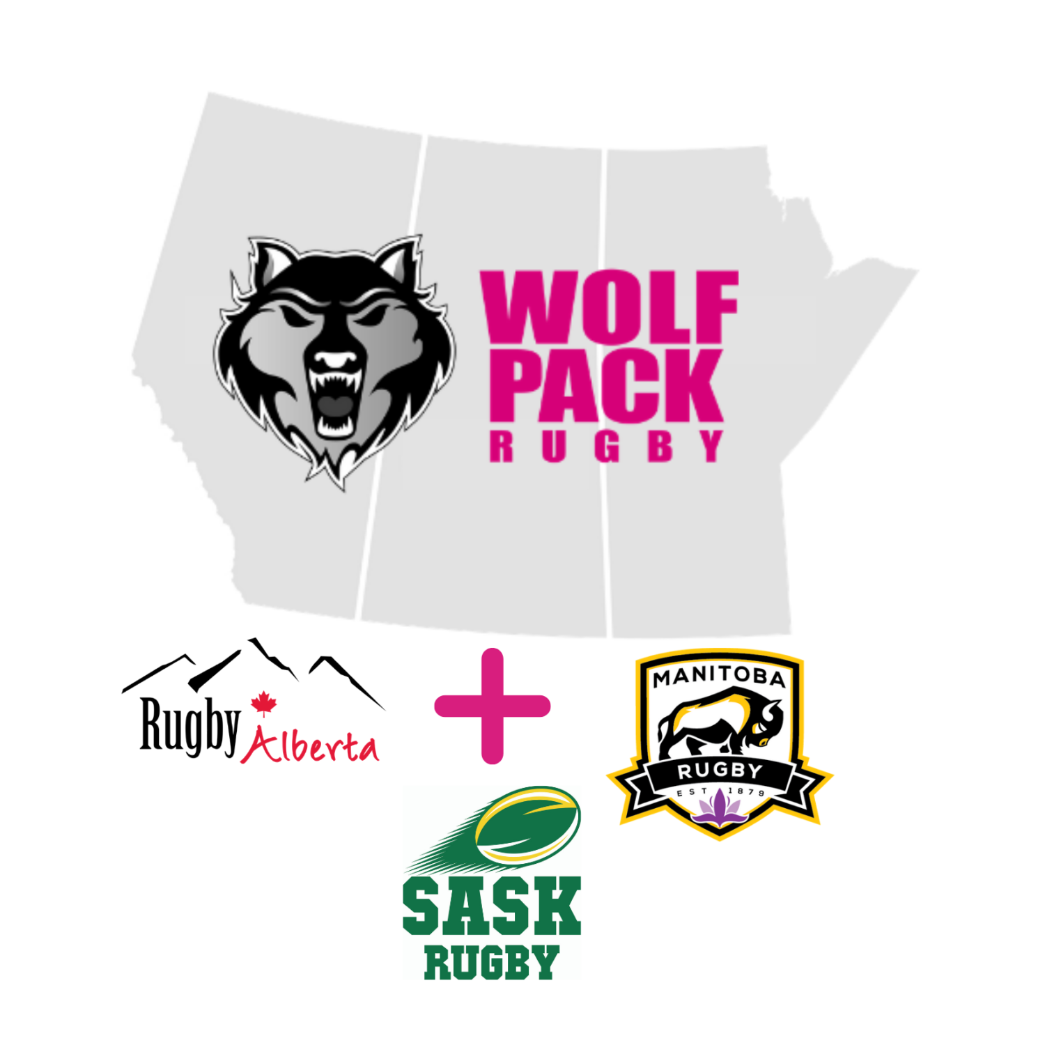 Logo showing the Wolf Pack Rugby team, formed by the union of Rugby Alberta, Sask Rugby, and Manitoba Rugby.