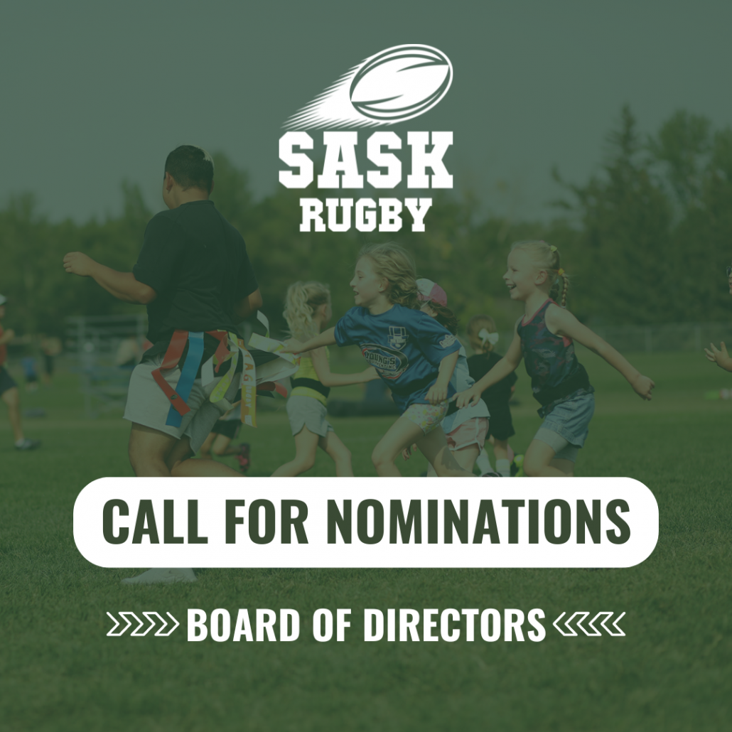 Call for nominations for Sask Rugby Board of Directors. Children playing rugby in green field.