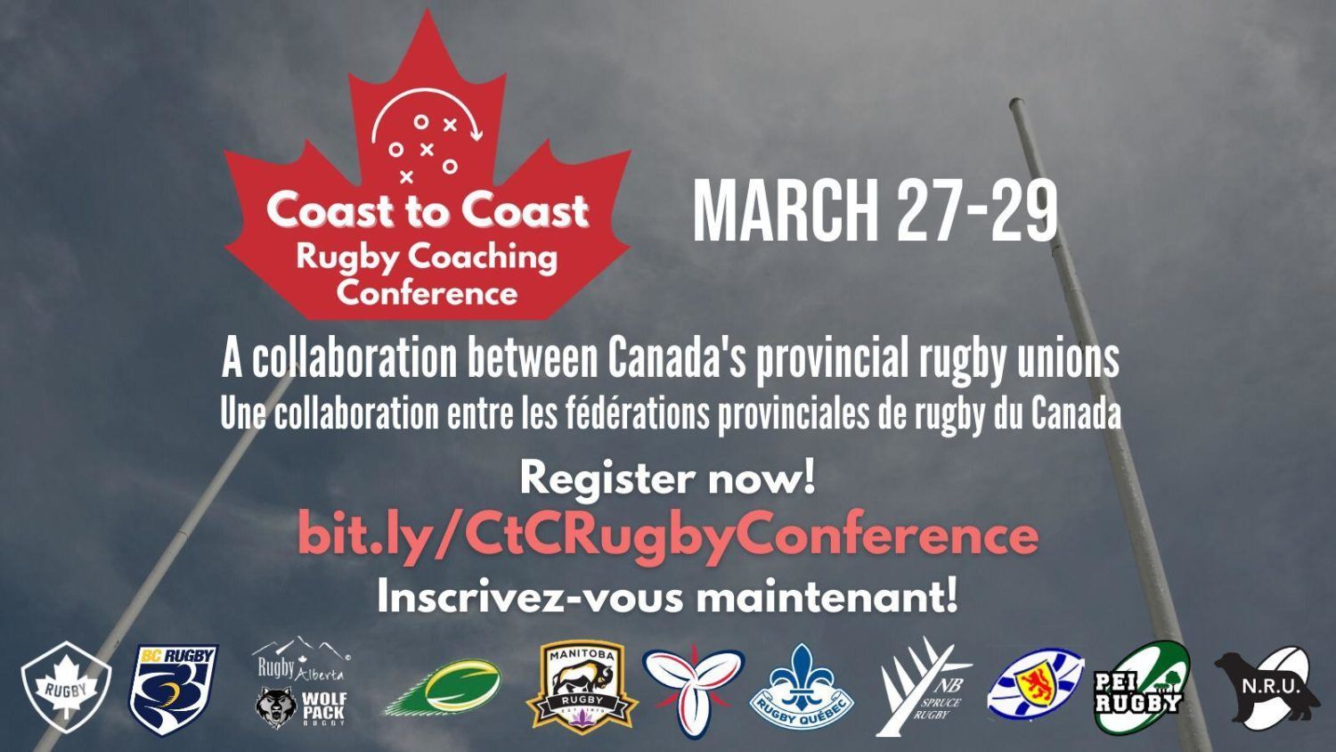 Coast to Coast Rugby Coaching Conference flyer, March 27-29, with registration link and provincial union logos.