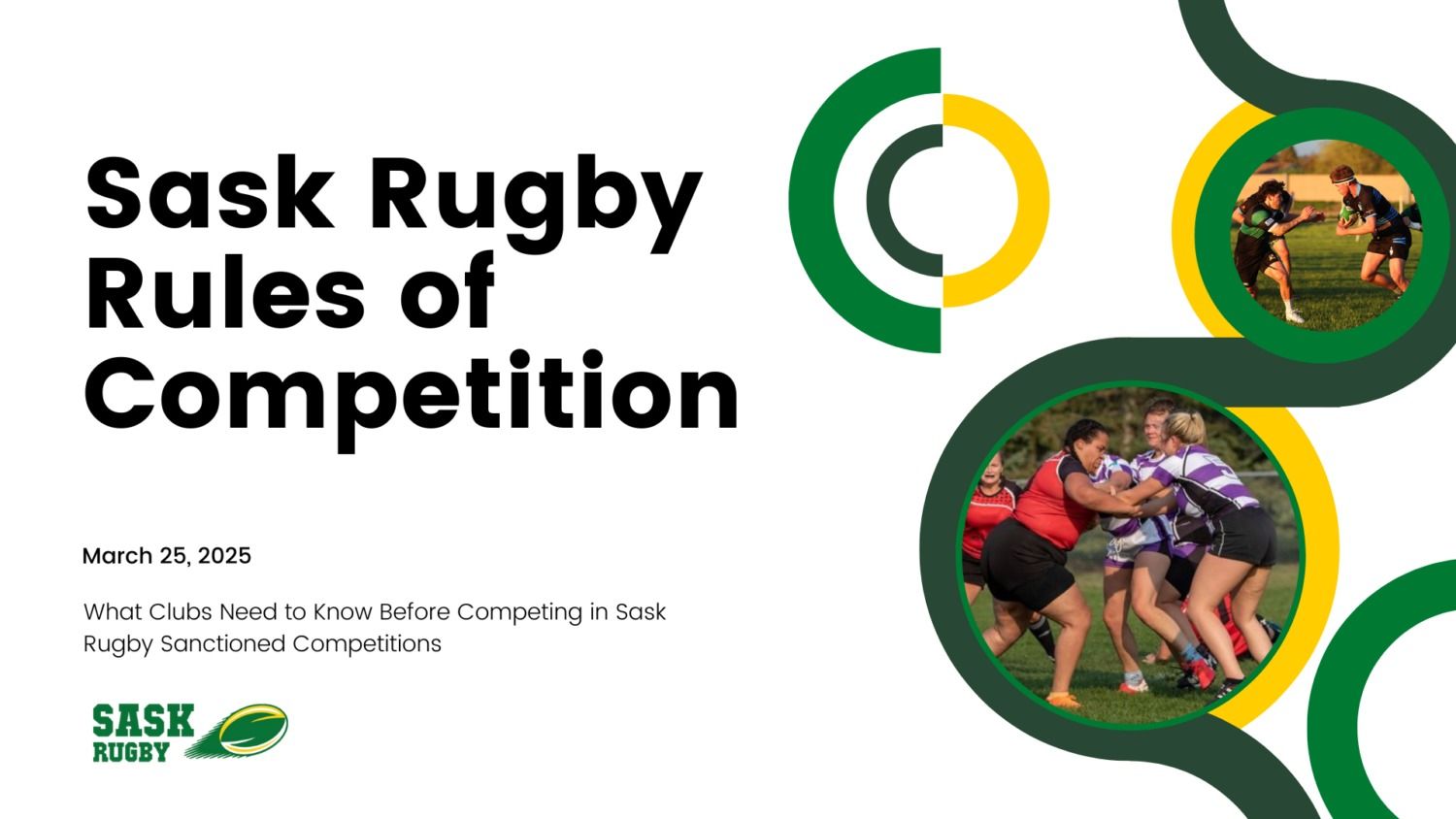 Title slide for Sask Rugby Rules of Competition, dated March 26, 2020, featuring photos of players on a grassy field.