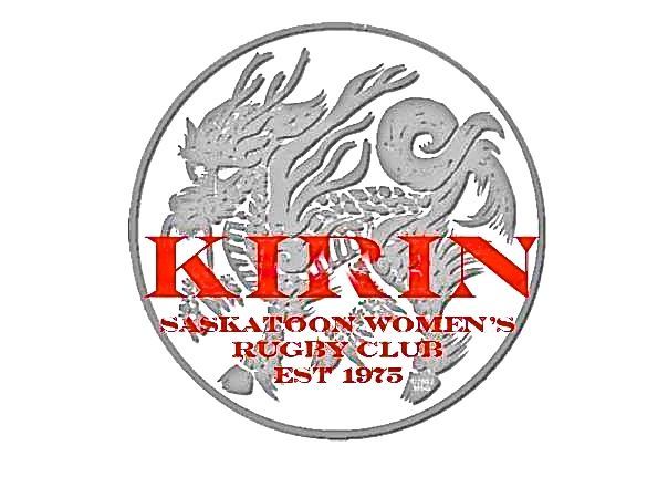 Logo for Saskatoon Women’s Rugby Club featuring a grey Kirin illustration and red text on a white background.