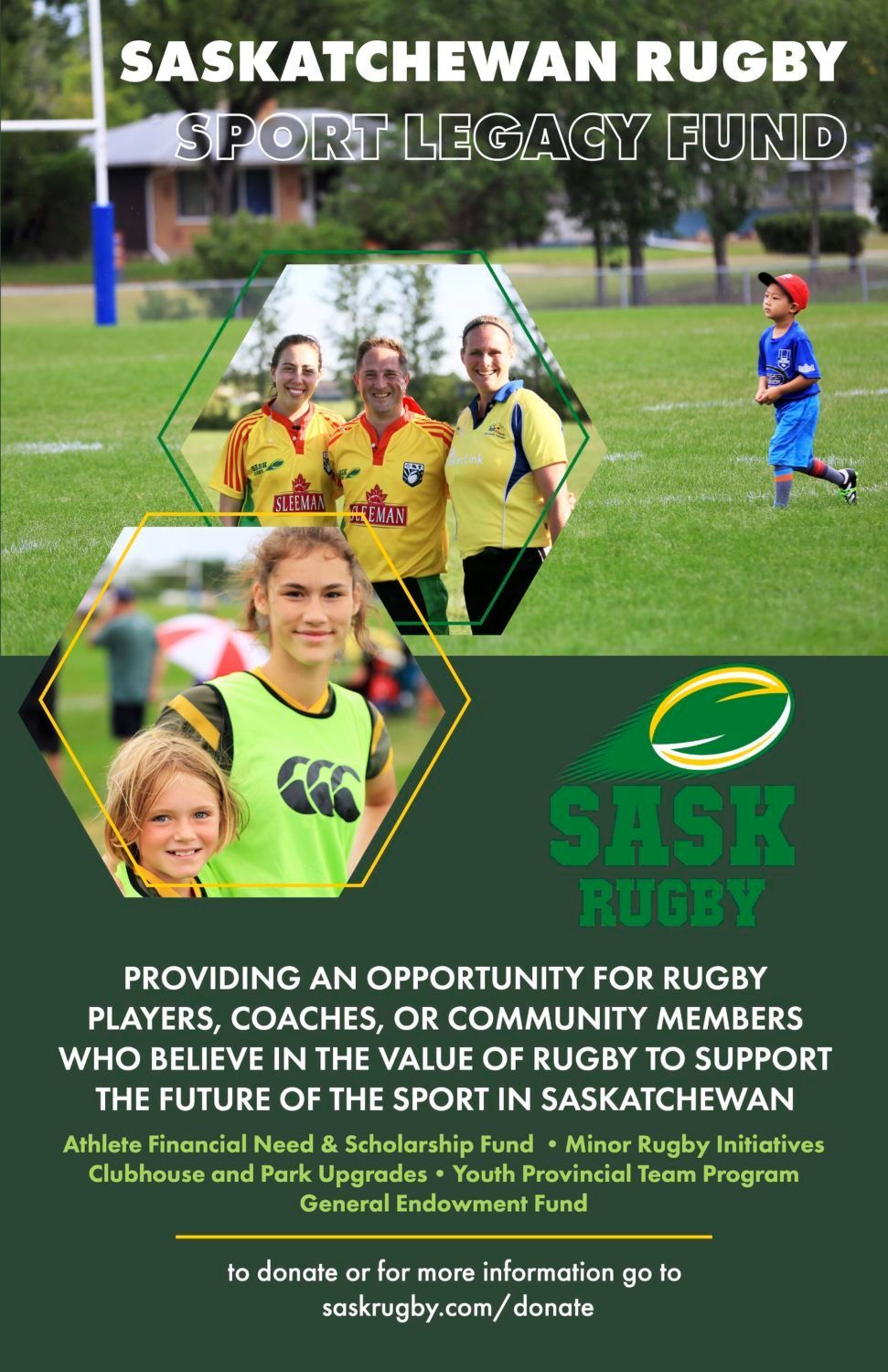 Saskatchewan Rugby Sport Legacy Fund flyer showing players and coaches on a field, encouraging donations to support rugby.