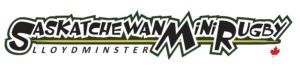 Logo for Saskatchewan Mini Rugby in Lloydminster with black text, green accents, and a small red maple leaf.
