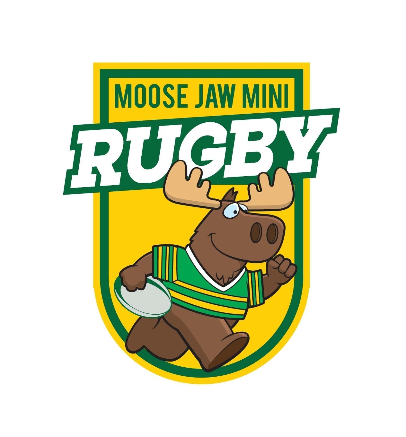 Logo for Moose Jaw Mini Rugby featuring a cartoon moose in a green and yellow jersey running with a rugby ball.