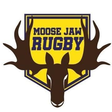 Logo featuring a dark brown moose head with large antlers centered over a yellow shield with "MOOSE JAW RUGBY" in blue.