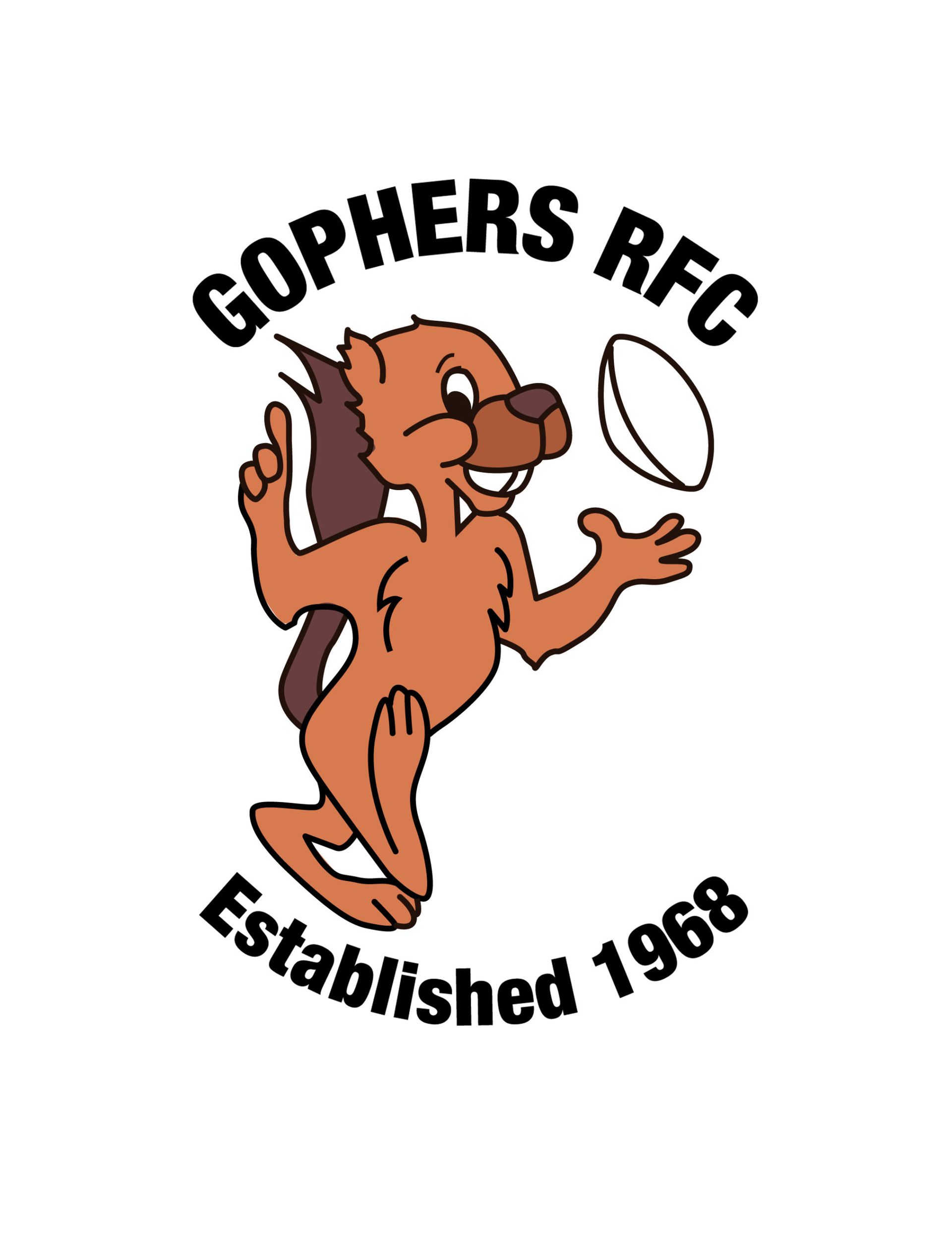 Logo for Gophers RFC: A cartoon gopher catching a rugby ball, with "GOPHERS RFC" and "Established 1968" written in black.