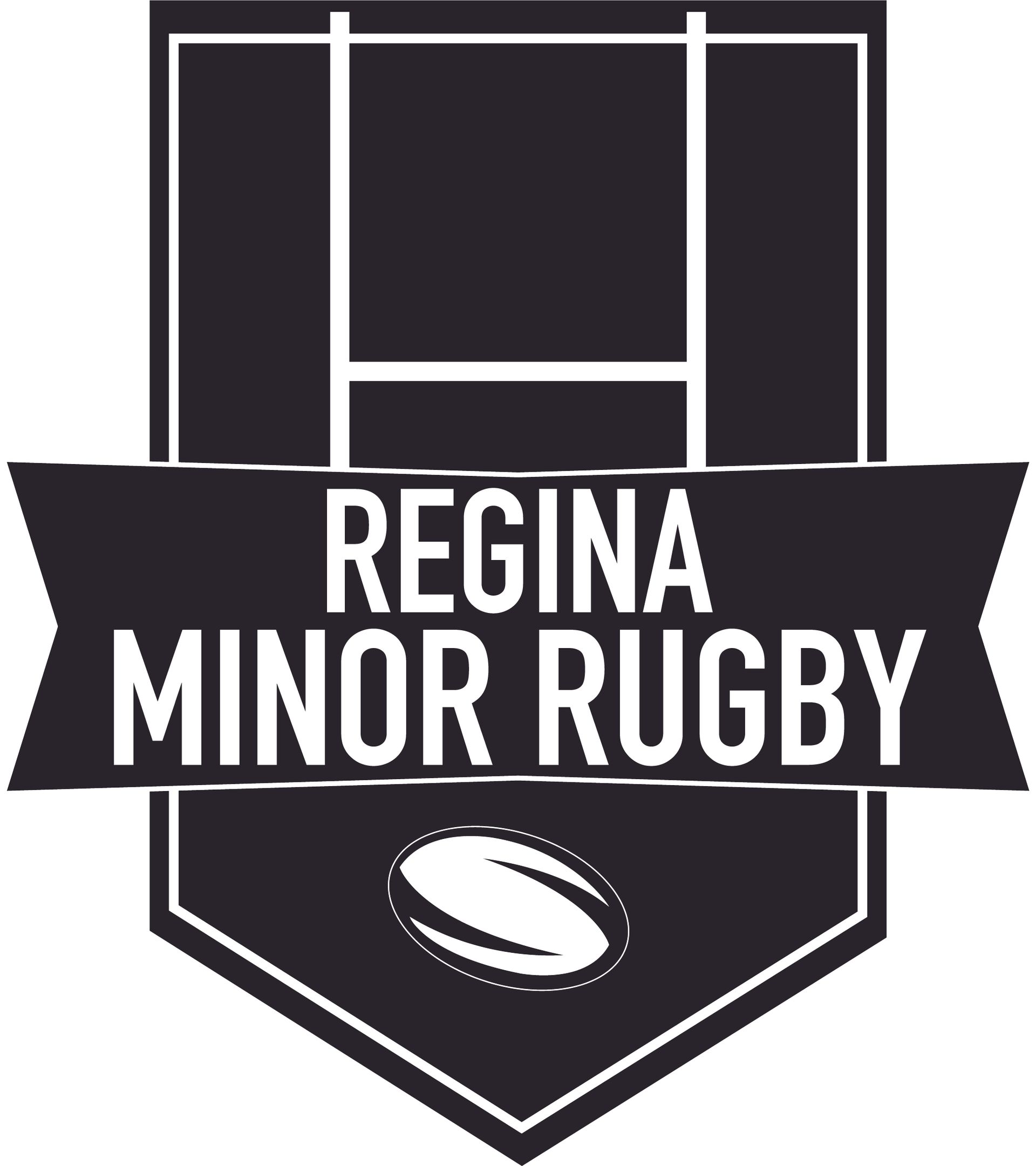 A black shield-shaped logo featuring a white rugby goal post, the text "REGINA MINOR RUGBY," and a small rugby ball icon.