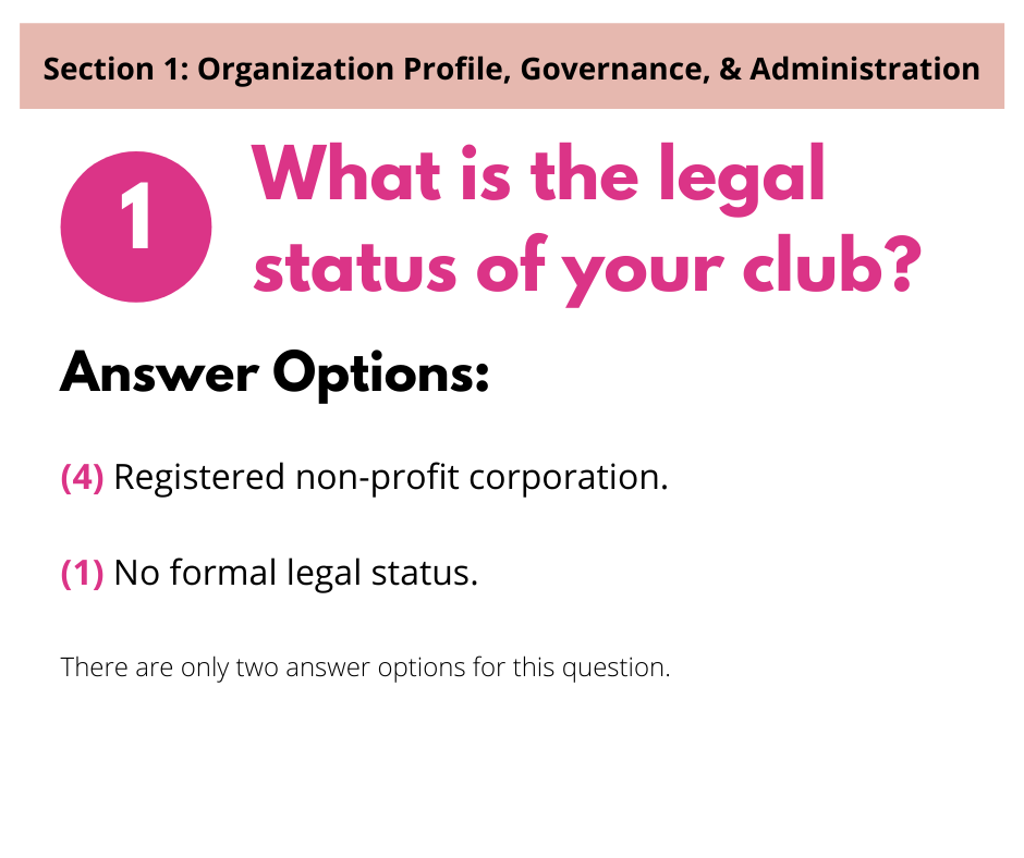 Question 1: What is the legal status of your club? Options are Registered non-profit corporation or No formal legal status.