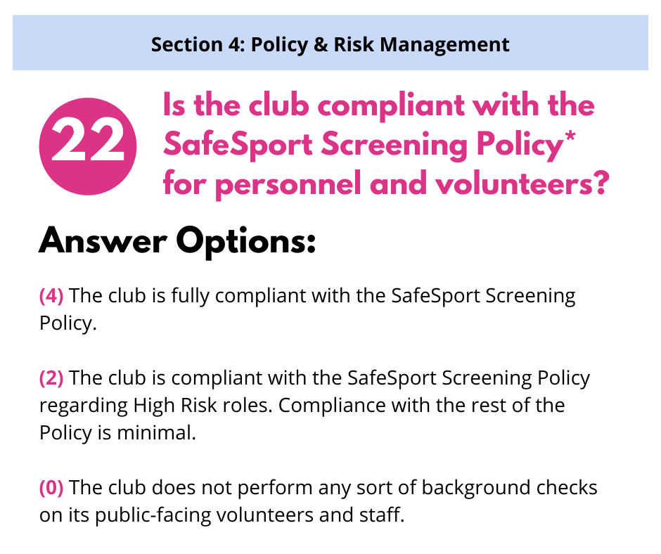 Survey question 22: Is the club compliant with the SafeSport Screening Policy for personnel and volunteers? Options provided.