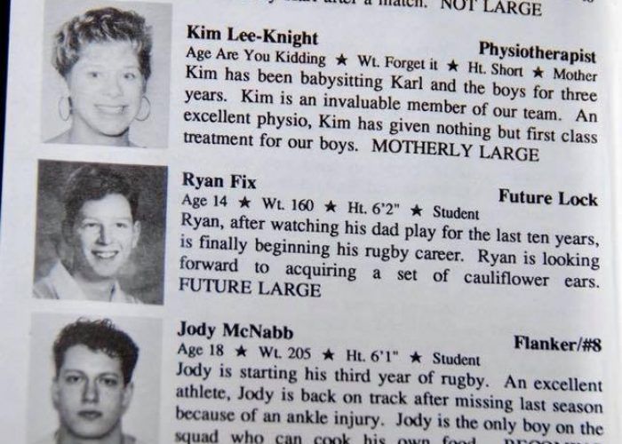 A list of team members with black-and-white portraits and personal descriptions, including their roles and statistics.