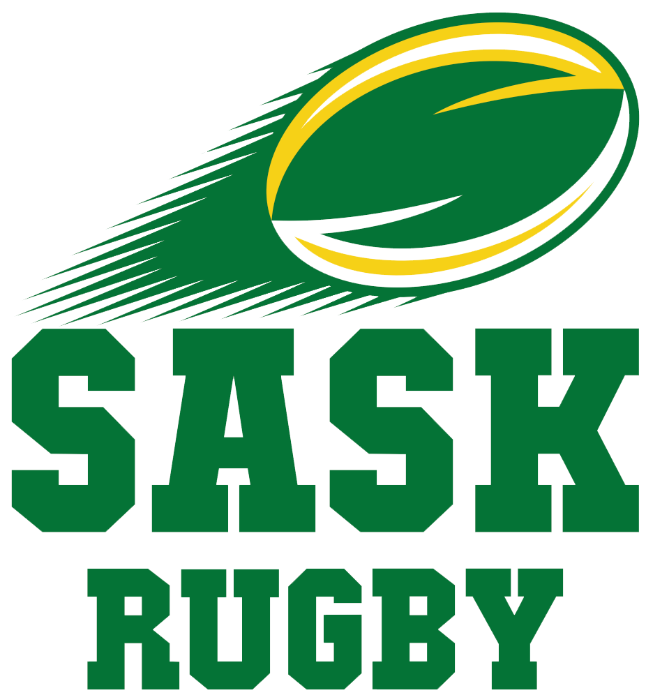 Green and gold logo featuring a stylized rugby ball with motion lines above the text "SASK RUGBY" in a block font.