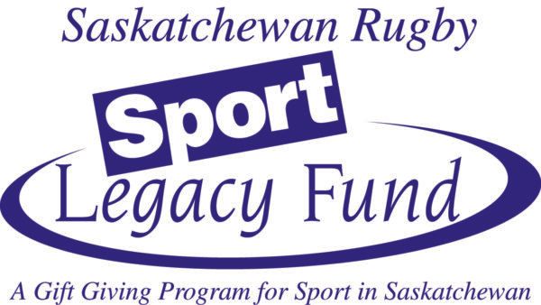 Logo for Saskatchewan Rugby Sport Legacy Fund, a gift-giving program, featuring dark blue text and an oval design.