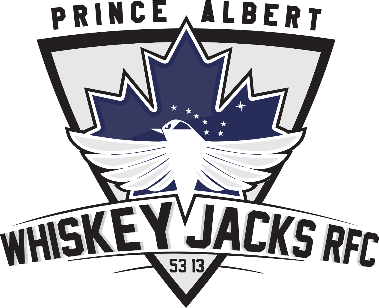 A logo for the Prince Albert Whiskey Jacks RFC, featuring a white bird over a blue maple leaf inside a gray shield.