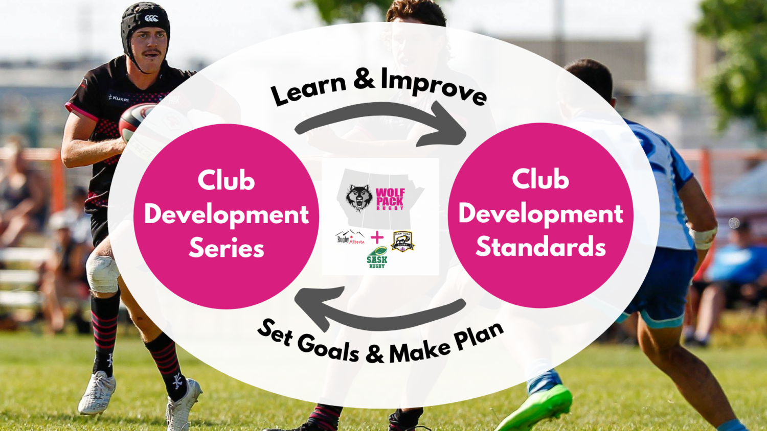 Rugby players on a field with a circular diagram showing a continuous improvement cycle for club development standards.