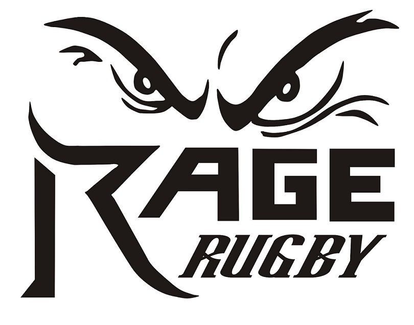 Black logo for "Rage Rugby" featuring stylized, aggressive eyes above bold, angular text.