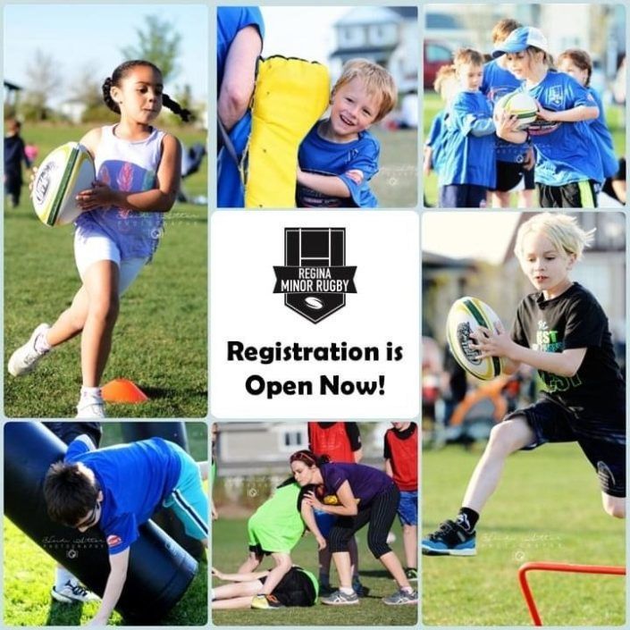 A collage of children participating in rugby drills with a Regina Minor Rugby logo and the text