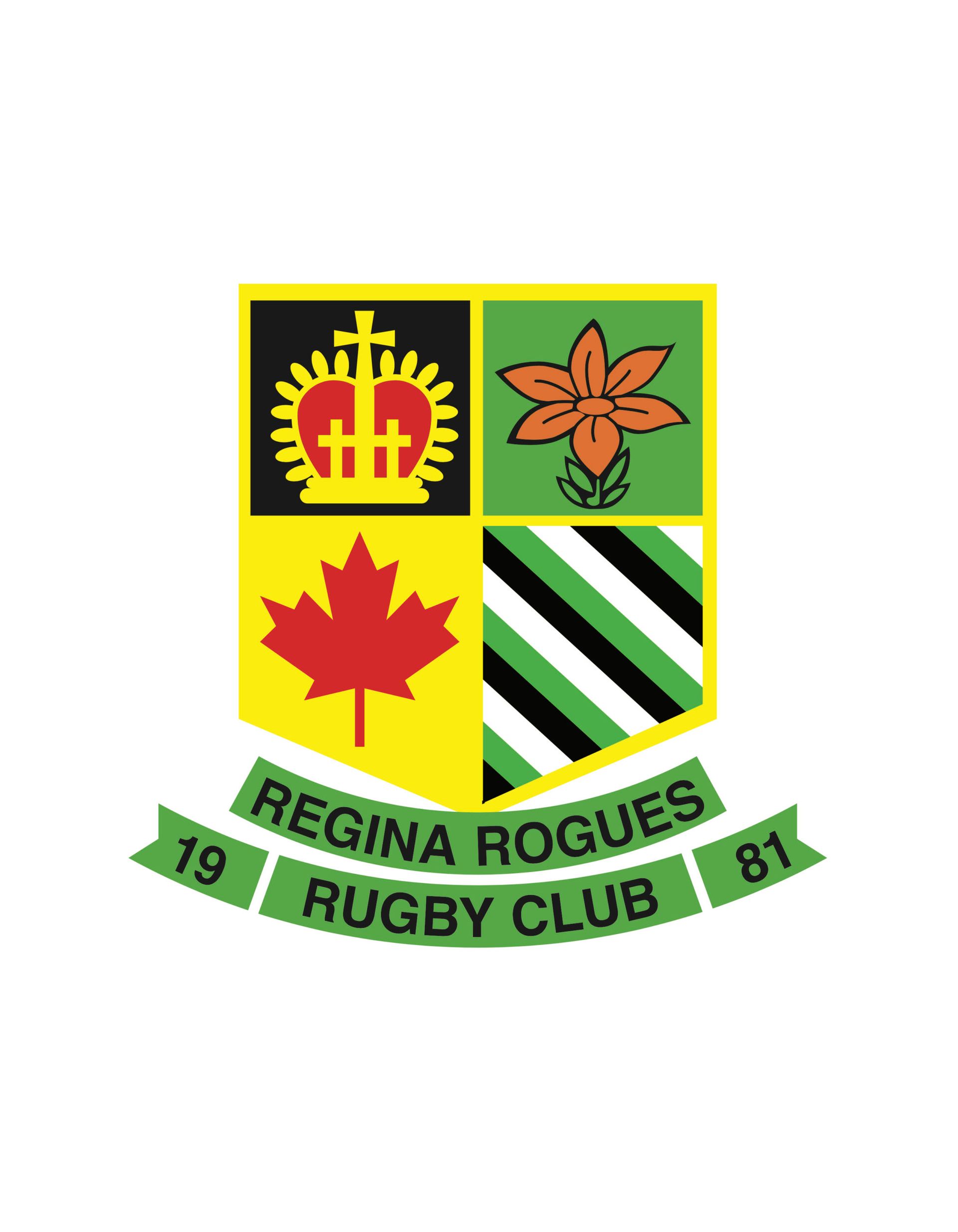The Regina Rogues Rugby Club crest features a shield with a crown, flower, maple leaf, and striped pattern, dated 1981.