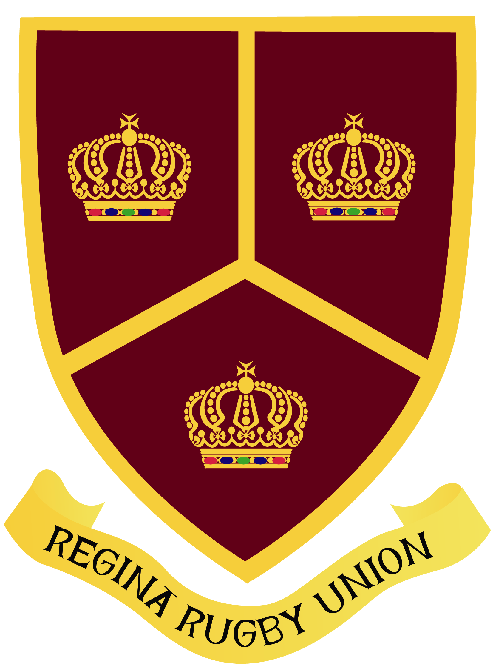 Logo of the Regina Rugby Union featuring three gold crowns on a maroon shield with a gold border and scroll text.